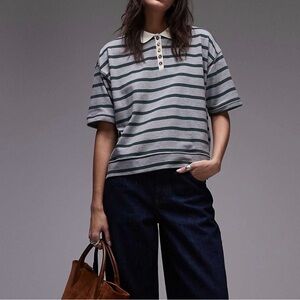 Topshop Gray and Green Striped Short-Sleeve Polo with Cream Collar